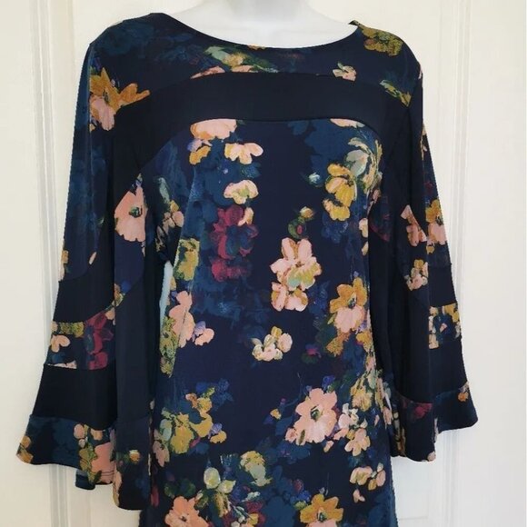 NINA Leonard navy blue floral Jersey top with flare sleeves size L - Picture 10 of 11